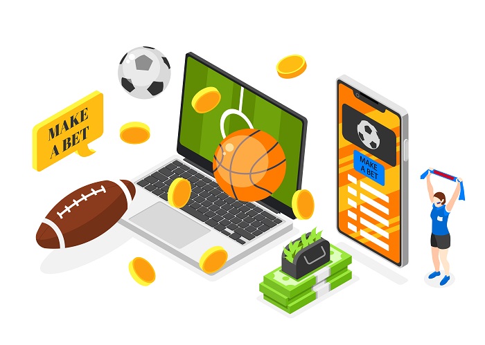 Sports betting illustration with mobile phone and laptop surrounded by different sports equipment, golden coins and green money bills